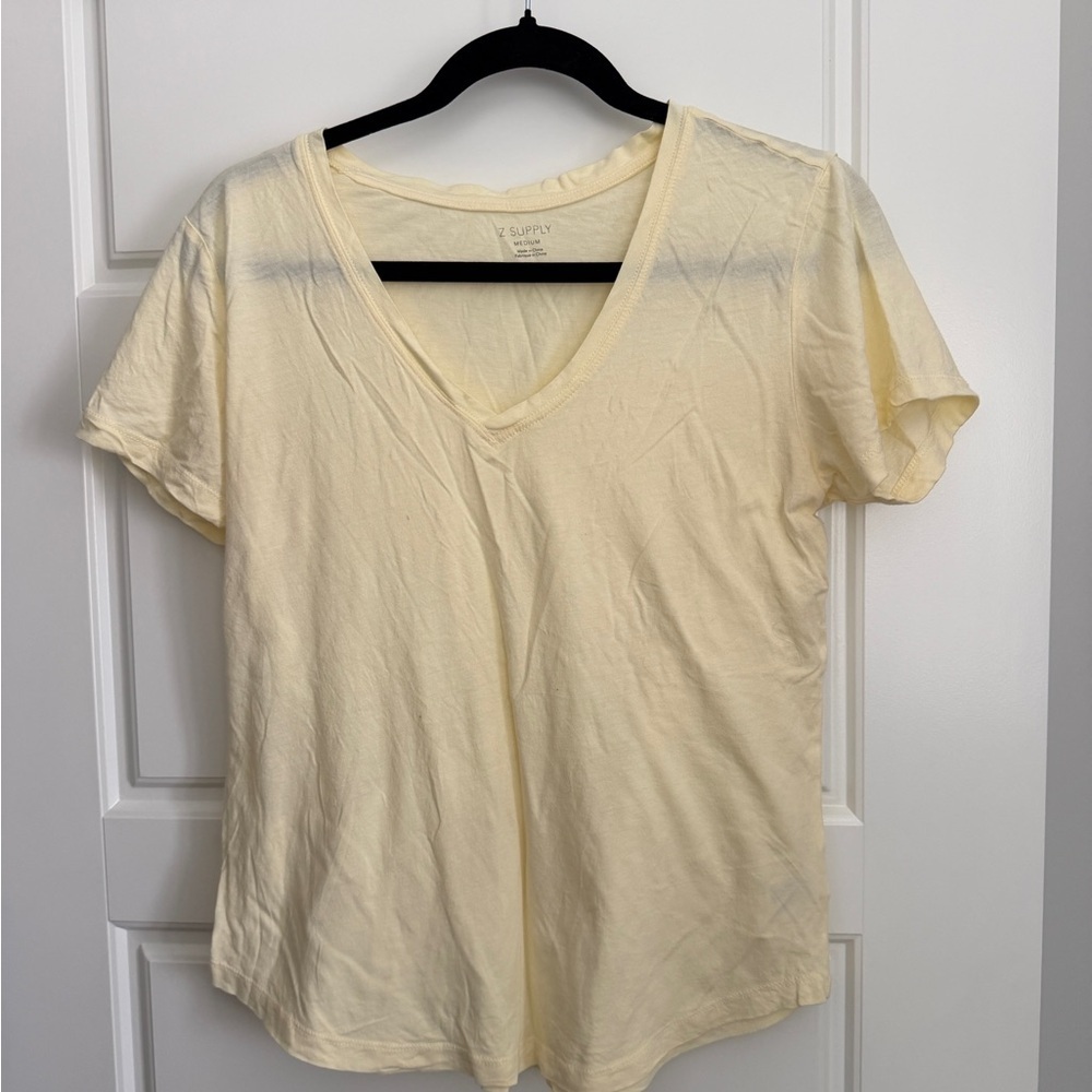 Z Supply Butter Yellow Cotton Blend V-Neck Short Sleeve Tee